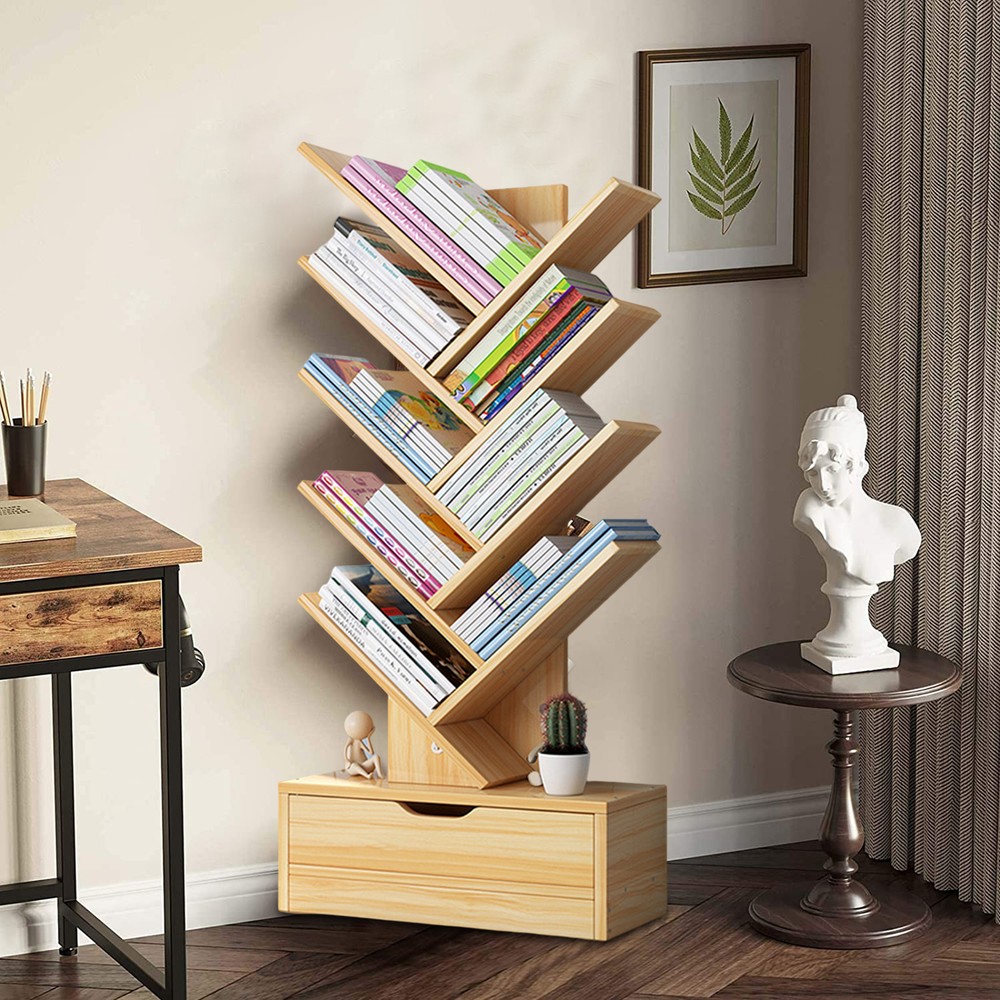 Modern 8-Tier Wooden Tree Bookshelf with Storage Drawer