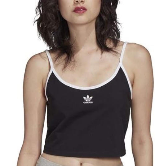 ADIDAS Spaghetti Strap Crop Tank Top Sz M Black White Embroidered Logo Cotton