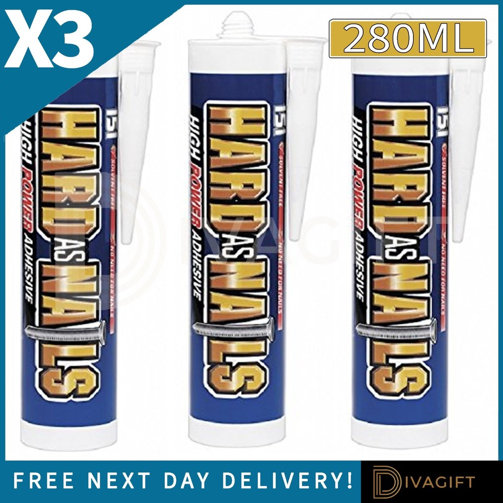 3 x ADHESIVE GLUE SEALANT 280ML HARD AS NAILS INTERIOR NO MORE NAILS CARTRIDGES