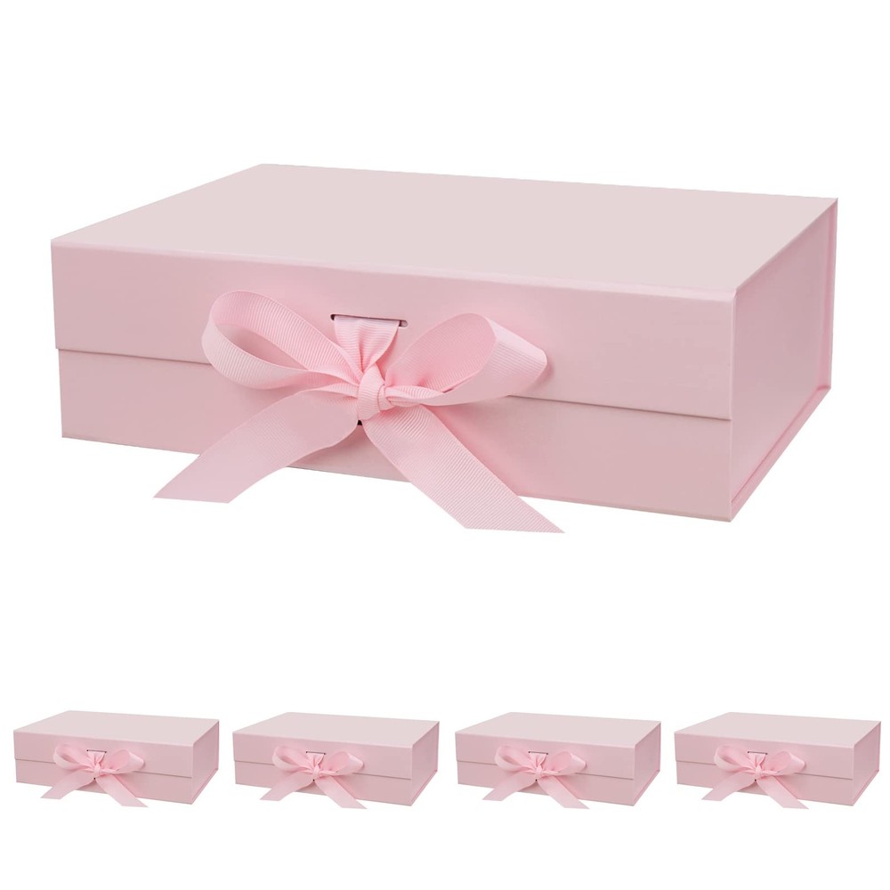 5 Pack Pink Magnetic Gift Box with Lid & Ribbon 10.5x7.5x3.1 Inches