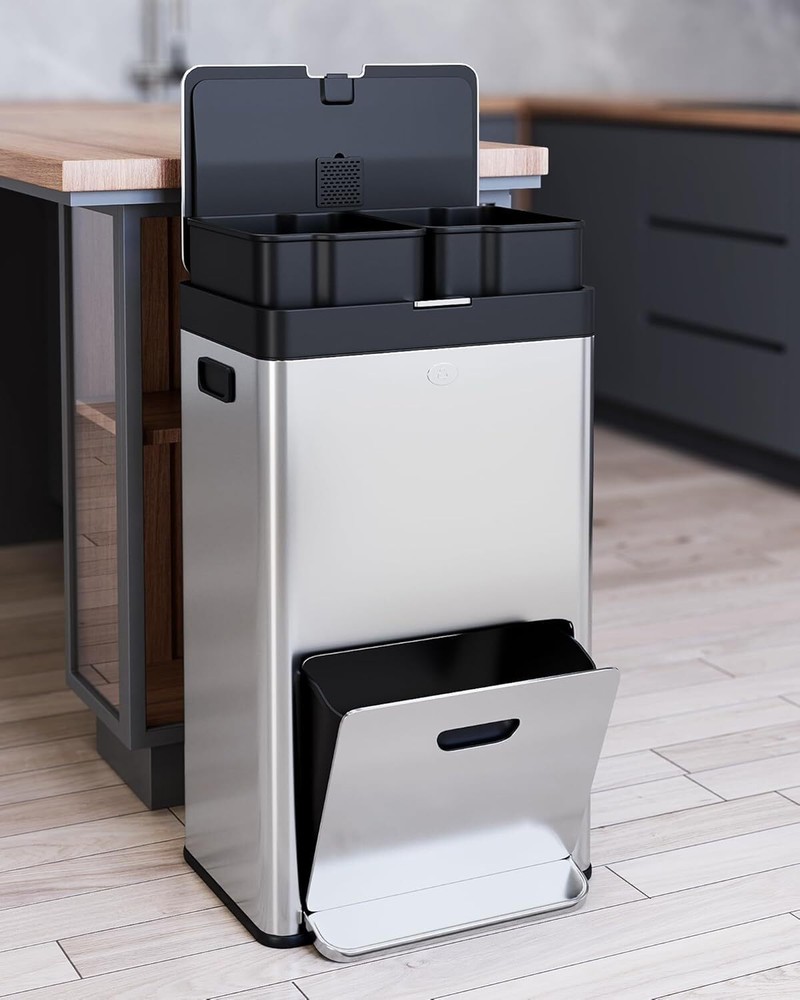 Kitchen Trash Can 56L/14.8 Gal,3Compartments Pedal Kitchen Recycling Trash Bi...