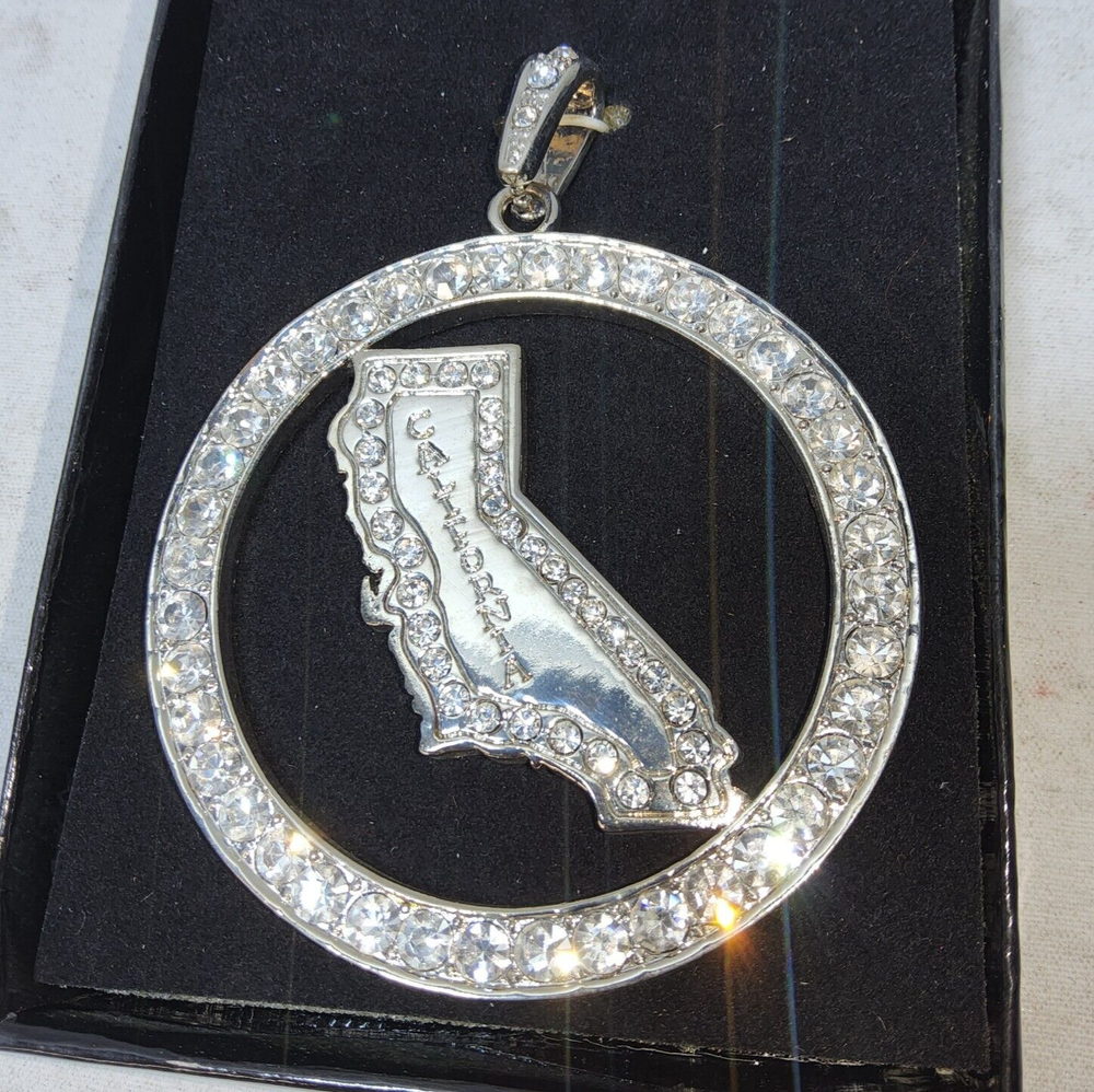Blinged out pendant California shape map rhinestones metal plated chrome hoop