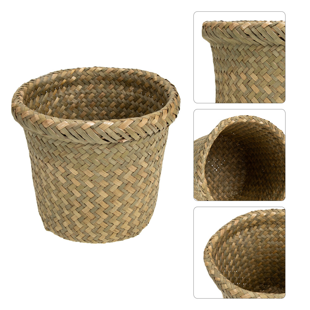Seaweed Woven Storage Basket Round Rattan Waste Paper Bin Seagrass Hotel
