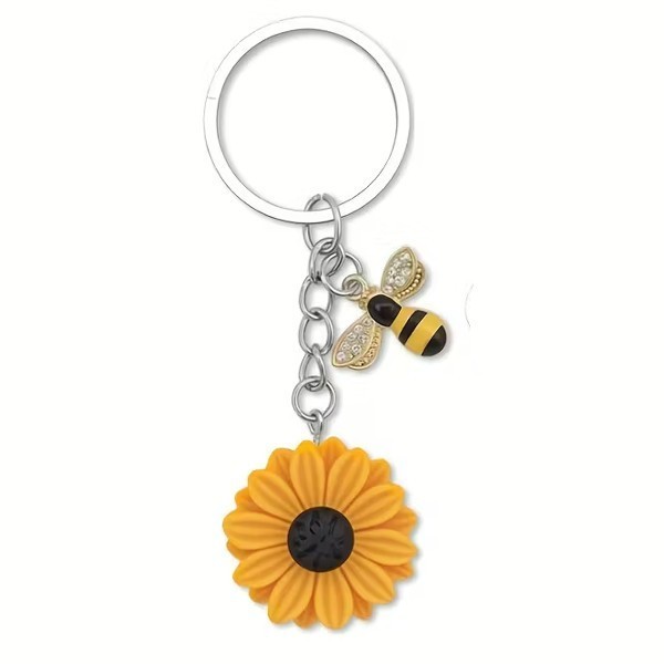 Metal Honey Bee & Sunflower Charm Keyring Keychain Gift UK
