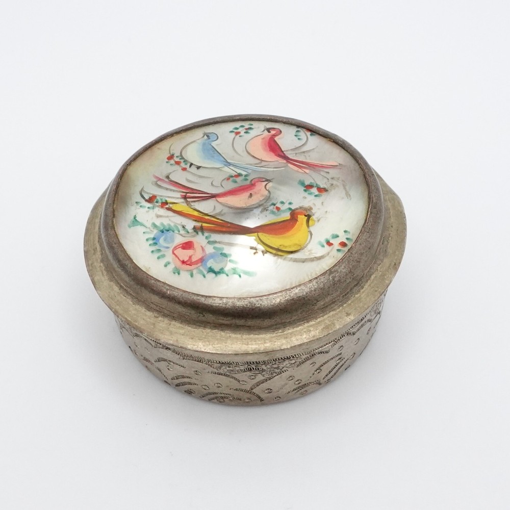 Persian Hand Painted Flower & Birds Mother of Pearl Mirror Lid Trinket Pill Box