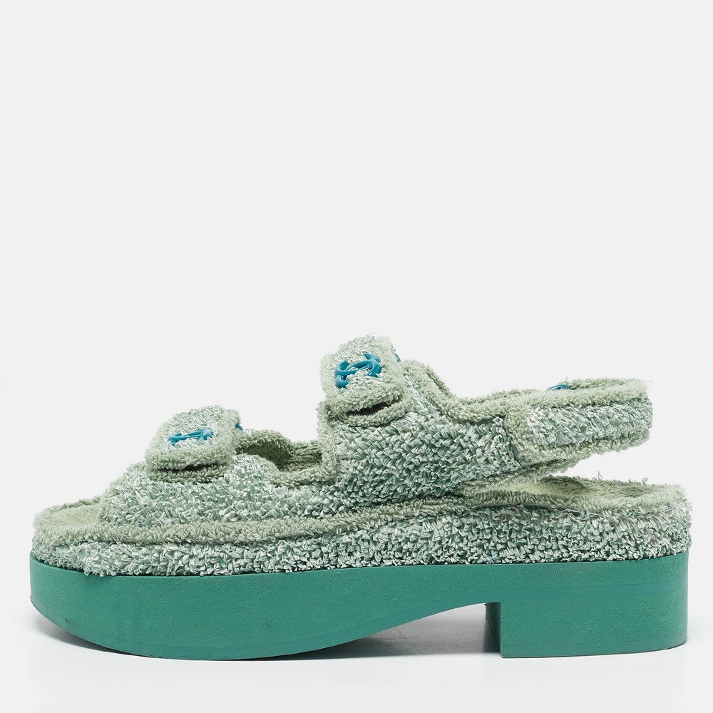 Chanel Green Fabric Nylon Dad Slingback Sandals Size 38