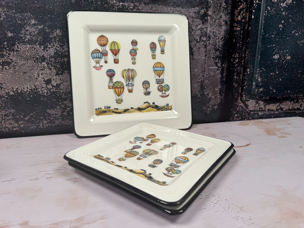 Vintage Brunelli White Square 3of Set Ceramic Plate With Hot Air Balloon Design