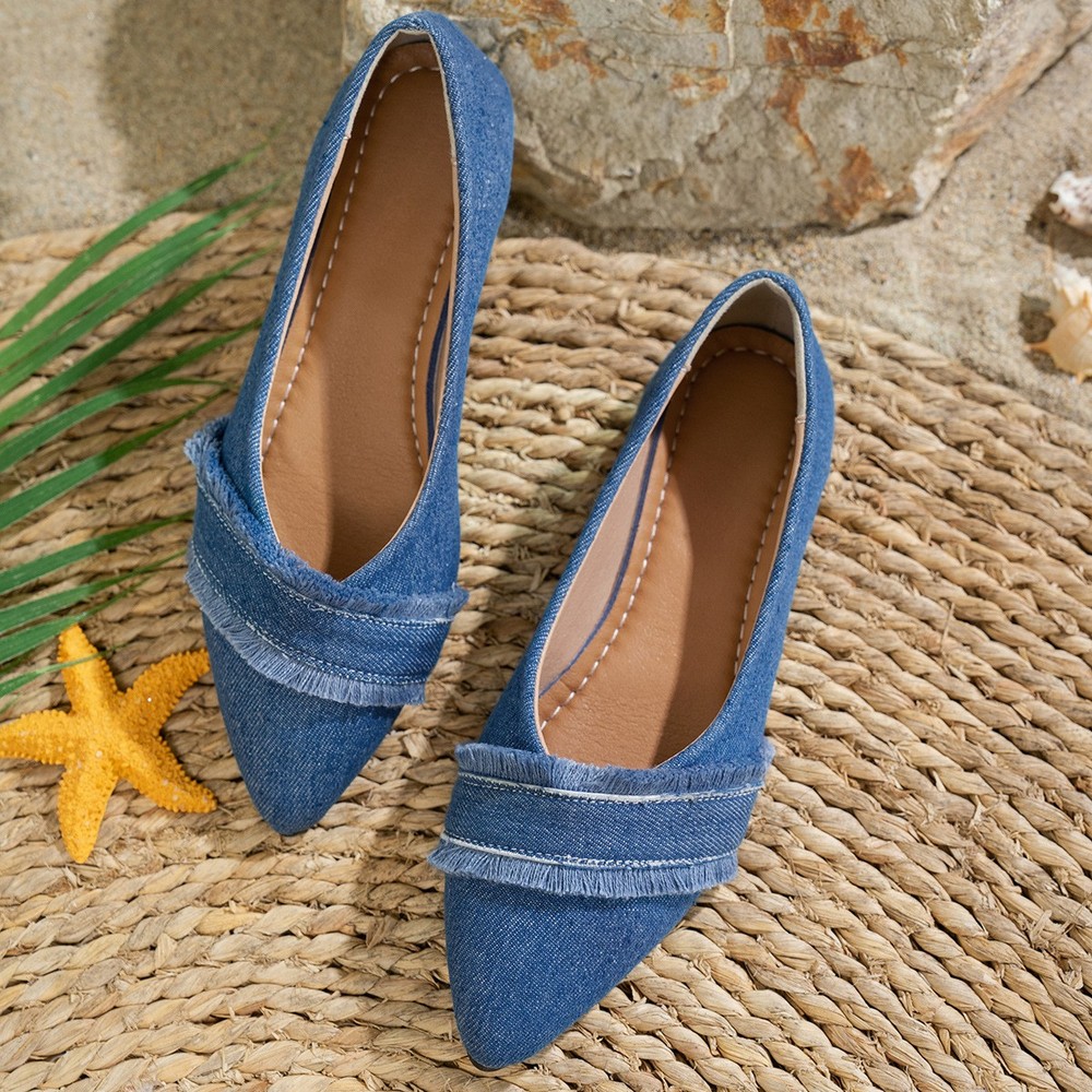 Women's Fashion Denim Pointed Toe Lightweight Comfort Slip On Ballet Flat Shoes