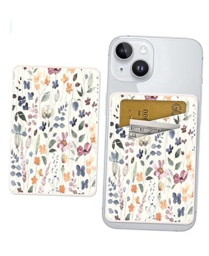 Phone Card Holder, Dual Pocket Leather Phone Wallet Adhesive Colorful Boho Leaf
