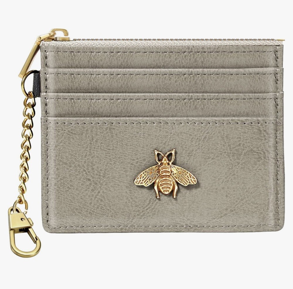 Light Gray Slim Keychain Wallet With RFID Blocking & Cute Metal Bee Design