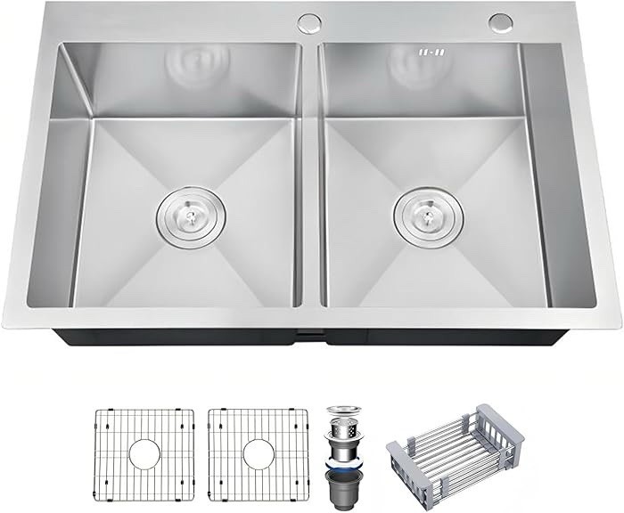 Stainless Steel Drop-in Silver Kitchen Bar Sink 33×22×9 Double Bowl Kitchen Sink