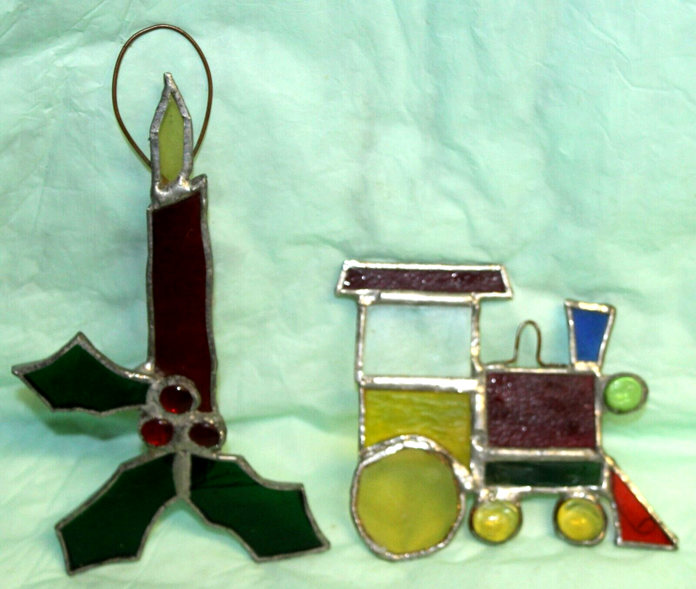 LOT 2 HANDMADE CANDLE & TRAIN STAINED GLASS CHRISTMAS ORNAMENTS