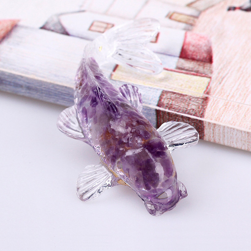 Natural Amethyst Koi Quartz Crystal Chip Stone Fish Carved Fancy Carp Resin Gift