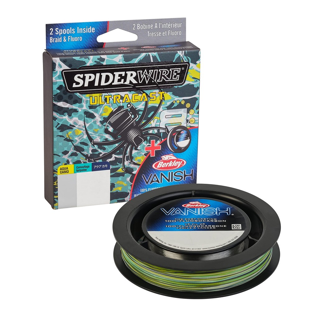 Ultracast Braid Vanish Fluorocarbon Dual Spool 15lb Aqua Camo Braid with 30lb Fluorocarbon