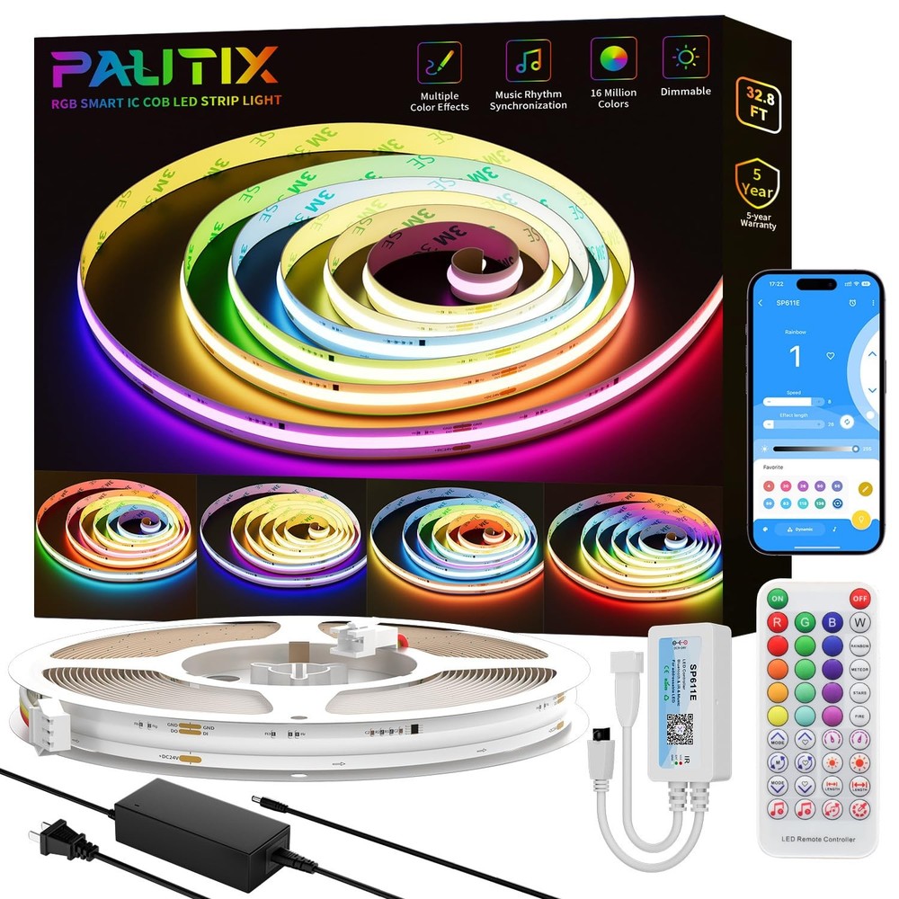 RGB Smart IC COB LED Strip Light Addressable 32.8ft/10m,UL-Listed 24V Color F...