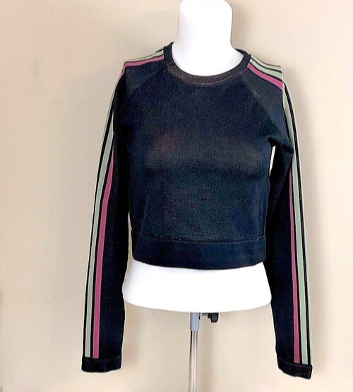 Fabletics Women Cropped Tank Size L Black Seamless Striped Long Sleeve