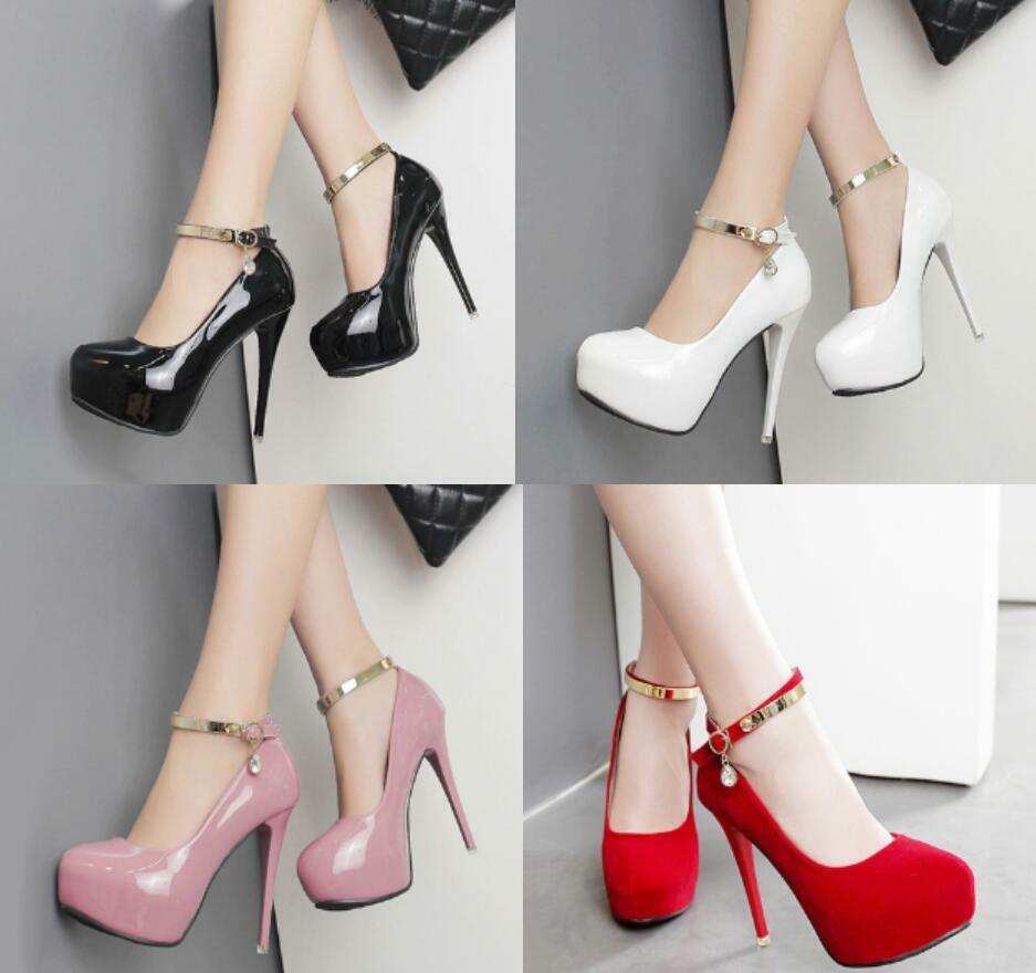 Women Stiletto Heel Platform Pumps with Ankle Strap Round Toe Clubwear