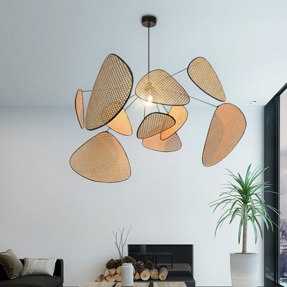 Wicker Rattan Branch Chandelier Light Bamboo Pendant Fixtures Lamp Living Room