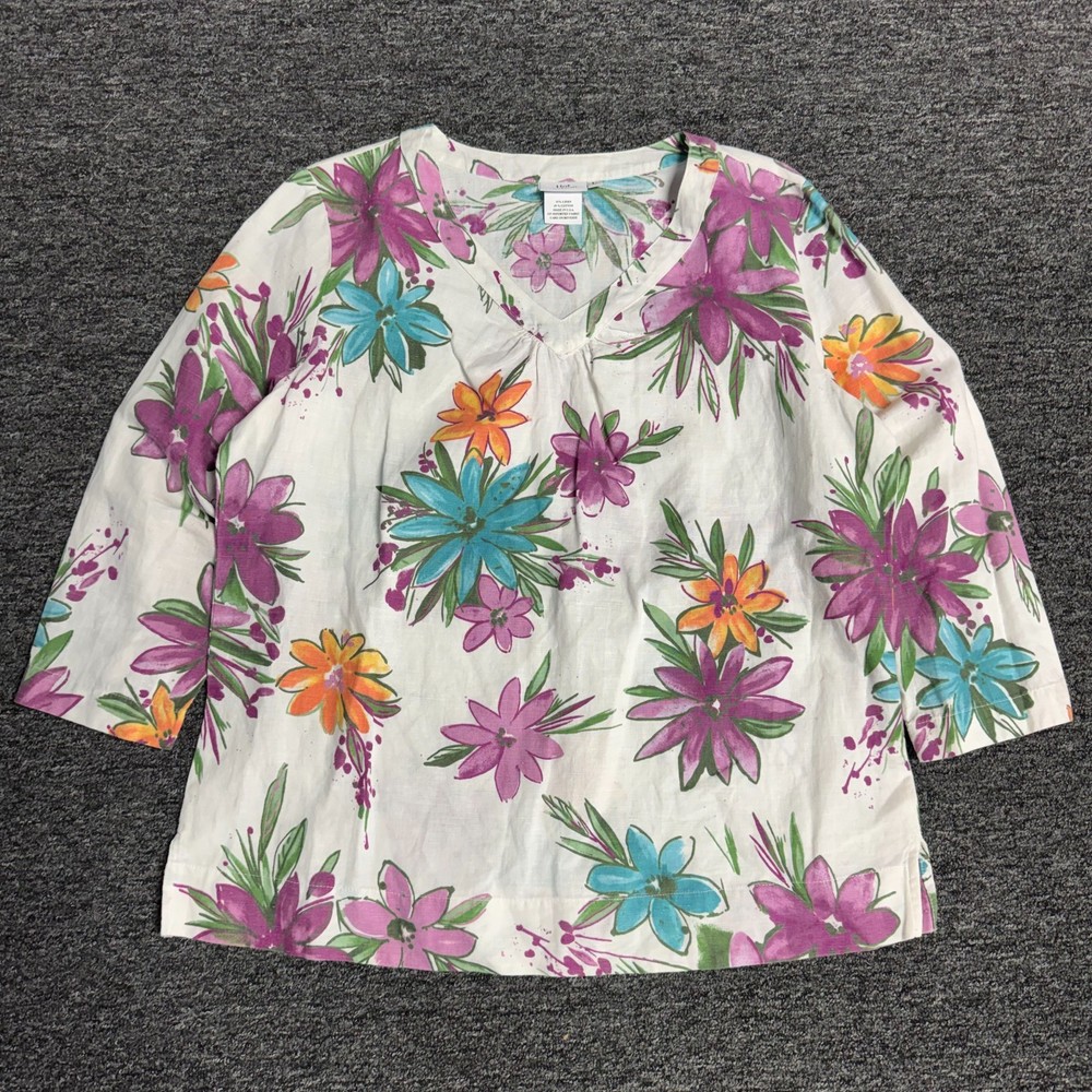 Hot Cotton Casual Coastal Floral Garden Linen Blouse Top - Sz L Multicolor