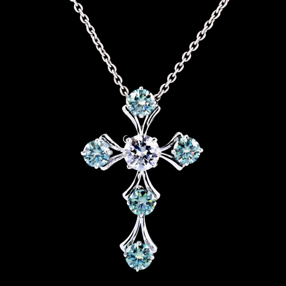 2.90 Ct Round Cut Blue & White Diamond In 925 Sterling Silver Cross necklace