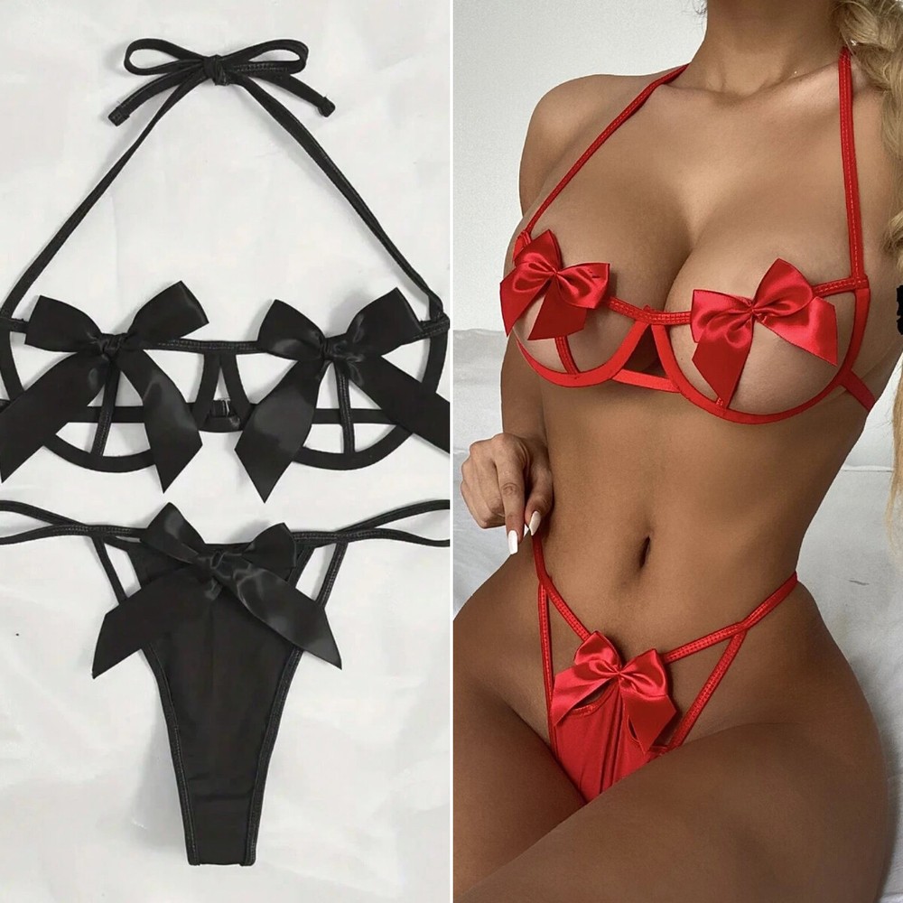 Cute Hollow Lingerie Set with Bow Bra and G-String for Women