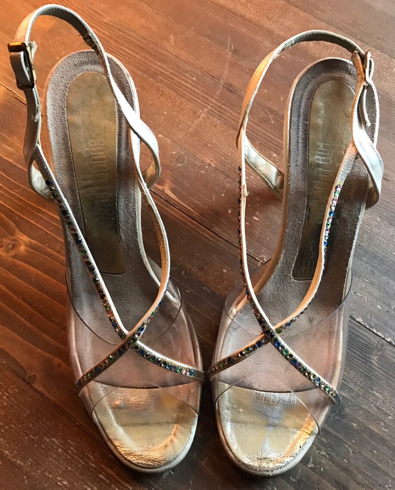 Vintage Wm B Woods Clear Shoe With Rhinestone Strapping Heels 7 1/2 AA