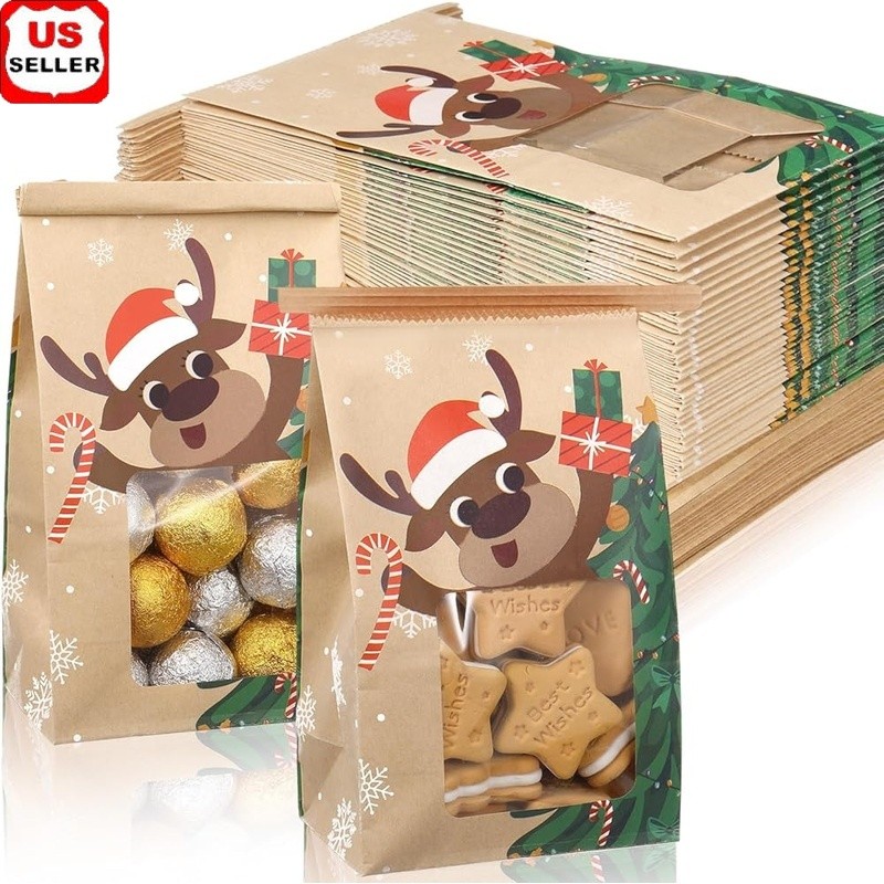Christmas Bakery Bags W/ Window Kraft Paper Gifting Holiday Treats Events New