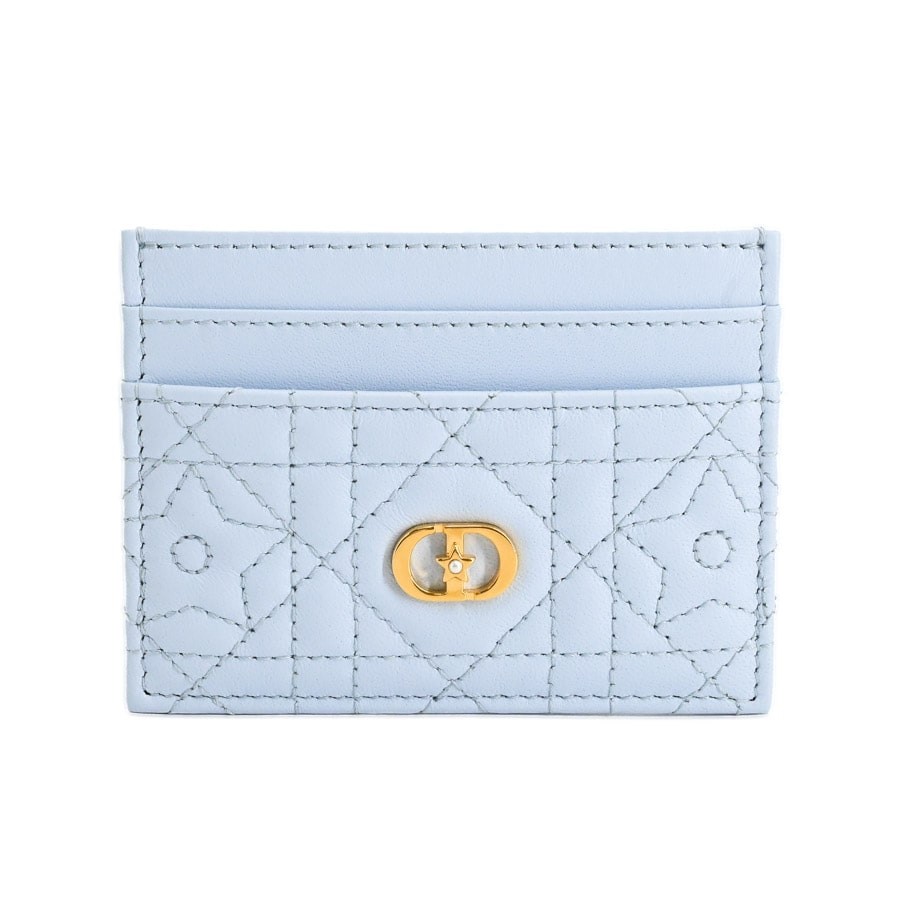Dior Caro Freesia Card Holder Case Light Blue Lambskin GP Leather W/Box Auth