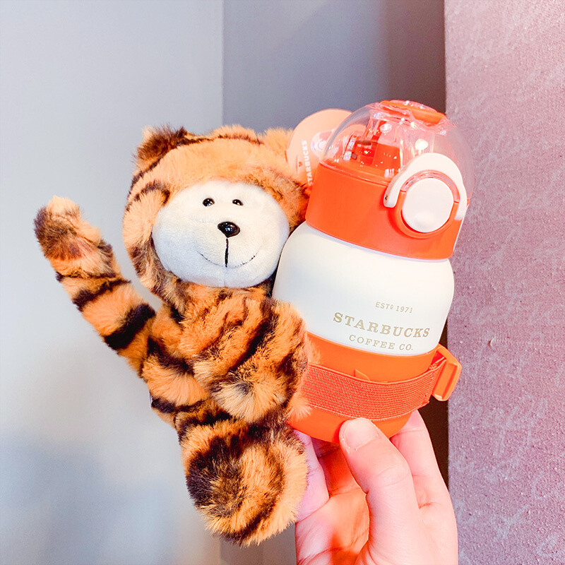 Starbucks 2022 China New Year Tiger 13oz SS Thermos Straw Cup Plush Bear Sleeve