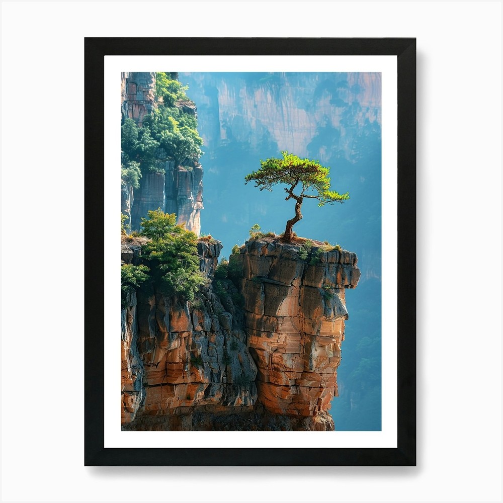 Cliffside Lone Tree Framed Art Print Canvas Wall Decor