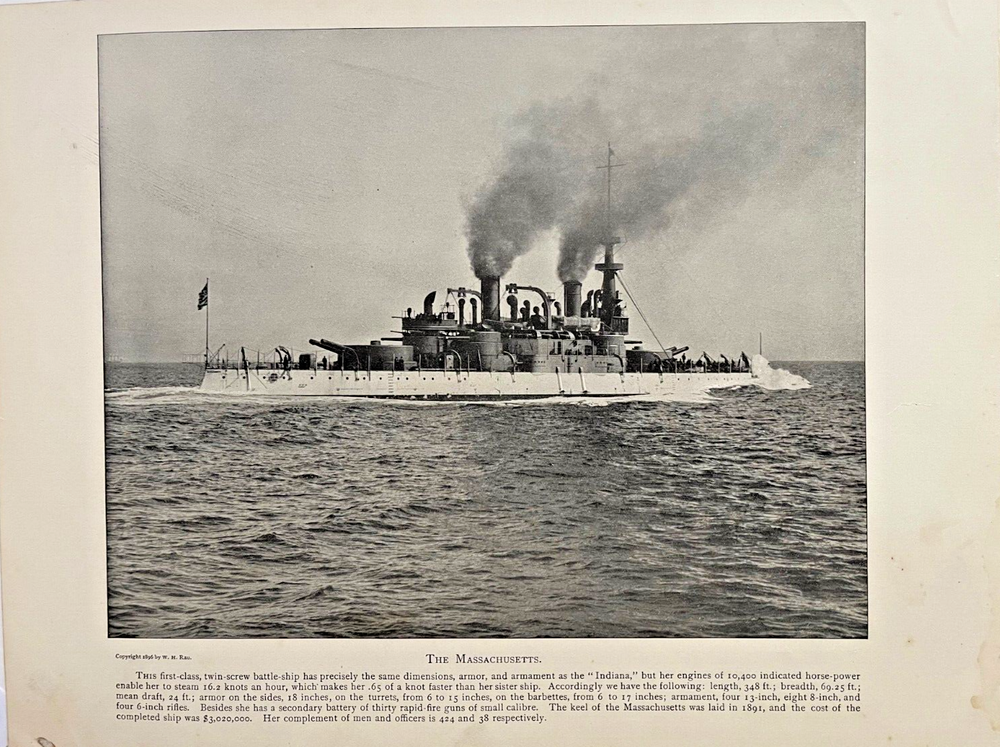 1898 Vintage Illustration Battleship Massachusetts Spanish American War