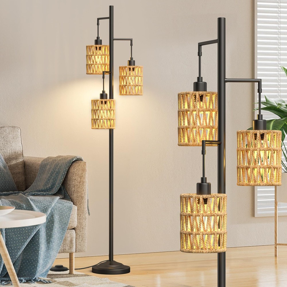 3-Lights Rattan Floor Lamps with ON/Off Foot Switch Tree Standing Lamp with W...