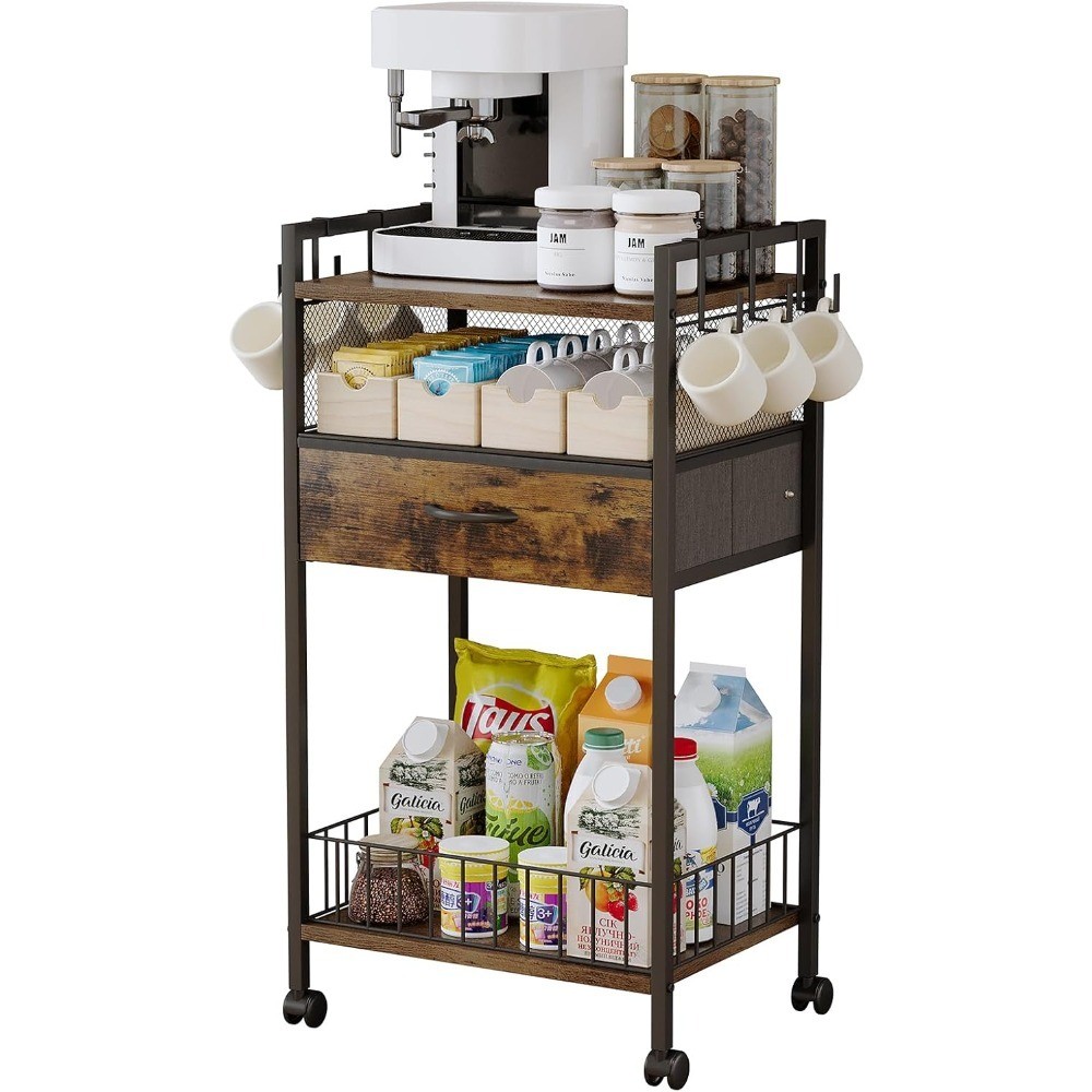 Small Coffee Bar Cart with Storage Drawer, Office Coffee Station Organizer with