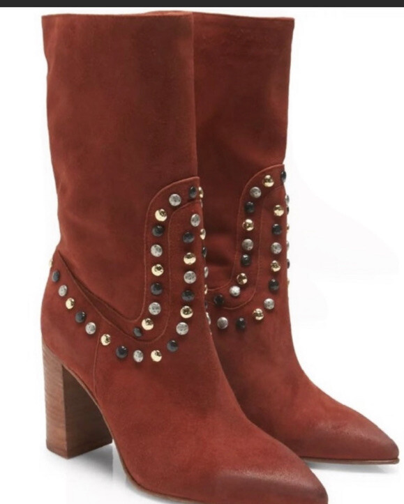 Free People Studded Dakota Red Cinnamon Suede Heels Boots Size 9.5 NWT