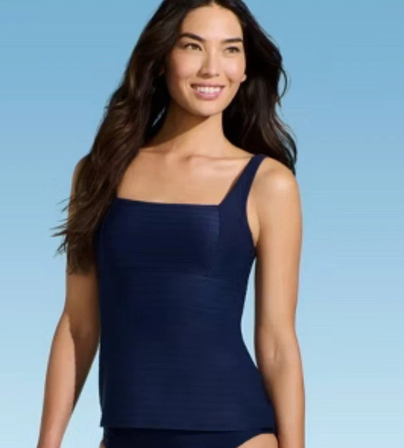 Lands' End Women's Ribbed Square Neck Tankini Top - Navy Blue 6