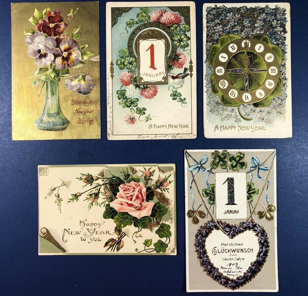 5 NICE New Year Antique Postcards,1900s.EMB,Gold Trim. Clock, Flowers, Good Luck-image
