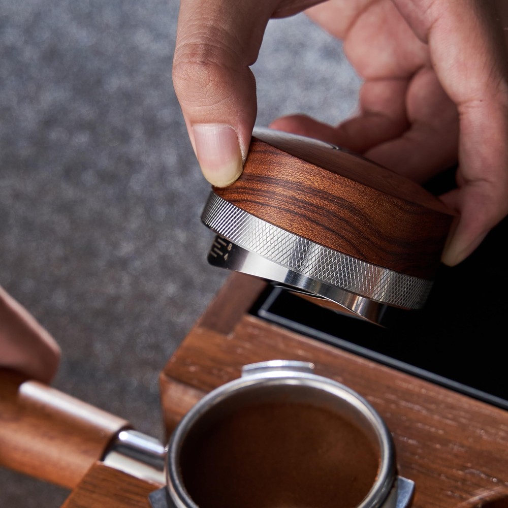 54mm Stainless Steel Espresso Distribution Tool with Adjustable Wooden Handle for Coffee Prep