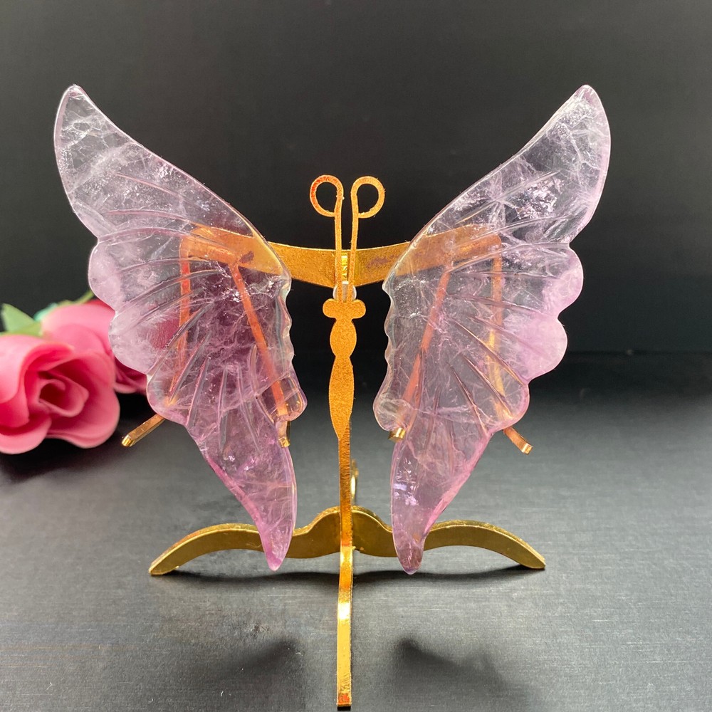 Natural Crystal Rainbow Fluorite Butterfly Wings Healing Statue Decor + Stand