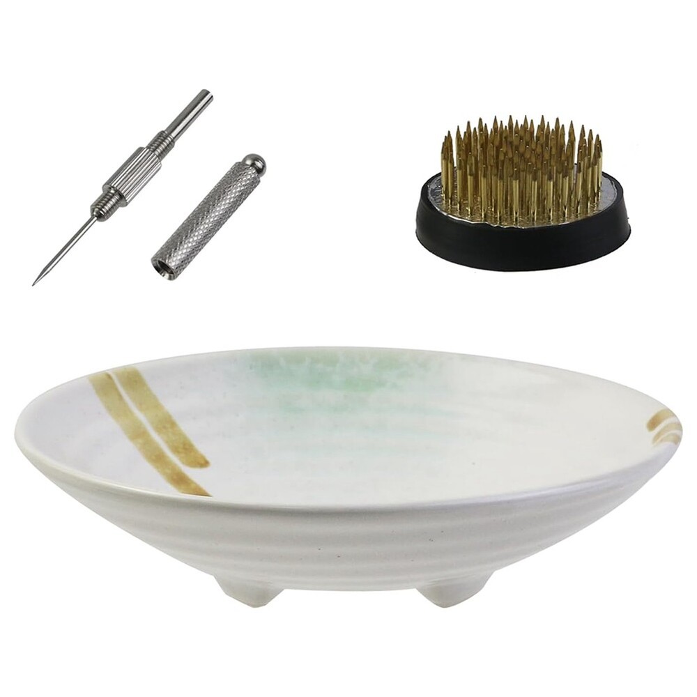 Ikebana Vase Kit, Ceramic Ikebana Bowl and Metal Flower Kenzan, with Needle6329