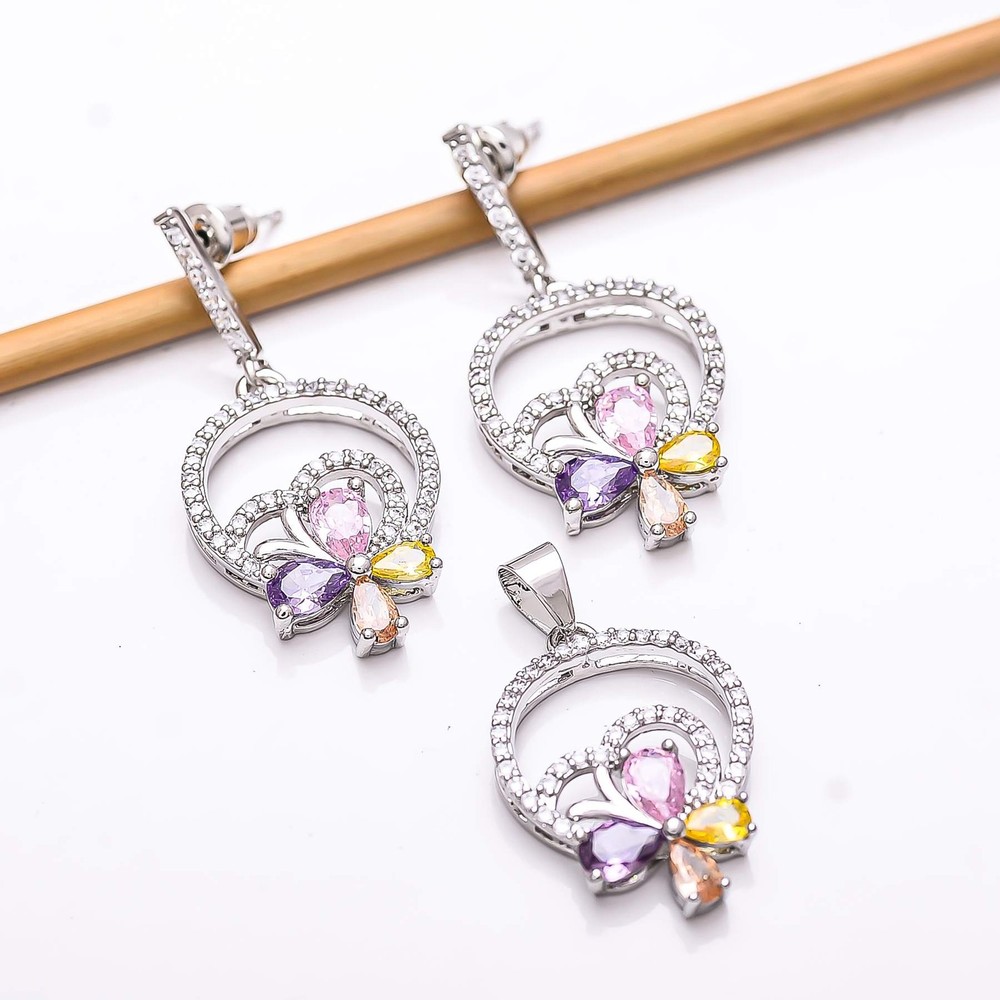 Multi & CZ 925 Sterling Silver Handmade Pendant Earring Set PS82216