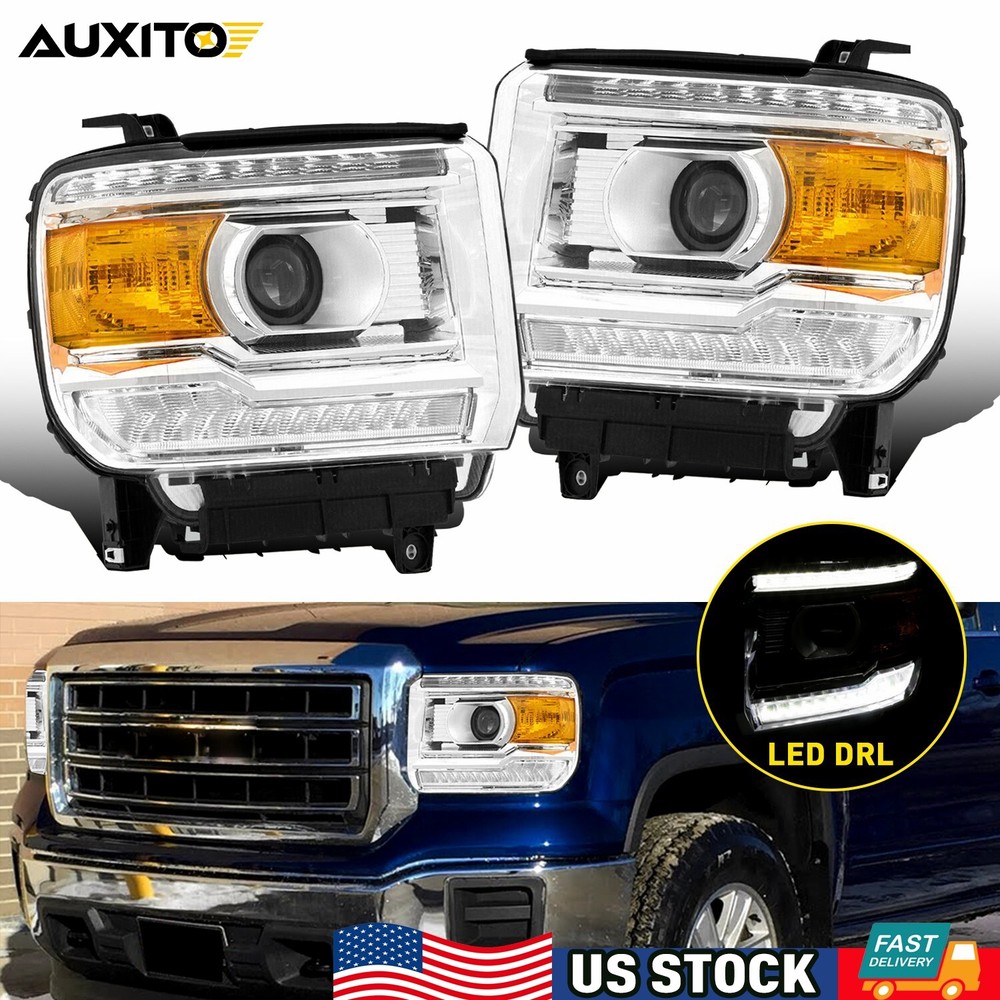 LH+RH For 2014-2018 GMC Sierra 1500 2500 3500 Amber LED DRL Head Lights Headlamp