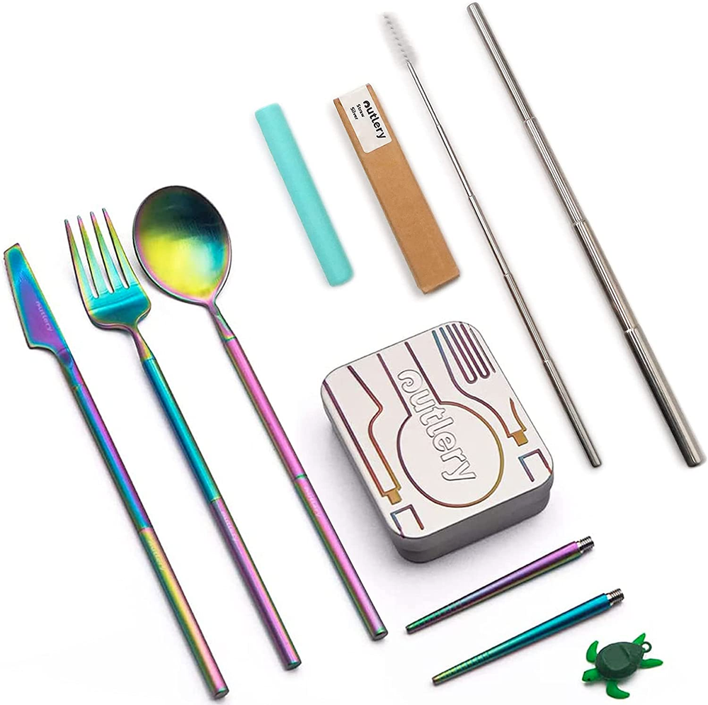 Collapsible Reusable Stainless Steel Cutlery and Straw Set for Travel