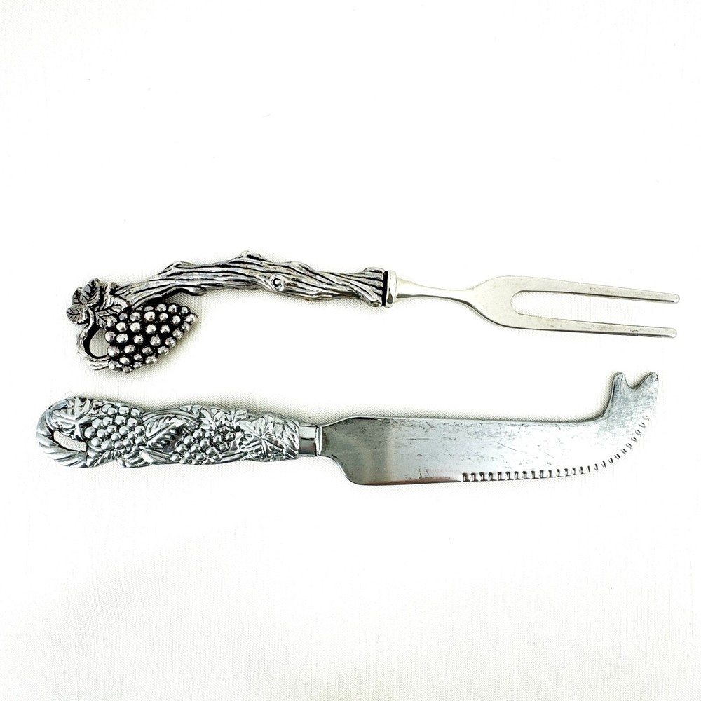 Arthur Court Cheese 2-Prong Knife Spreader & Fork Grape Vines Handles Stainless