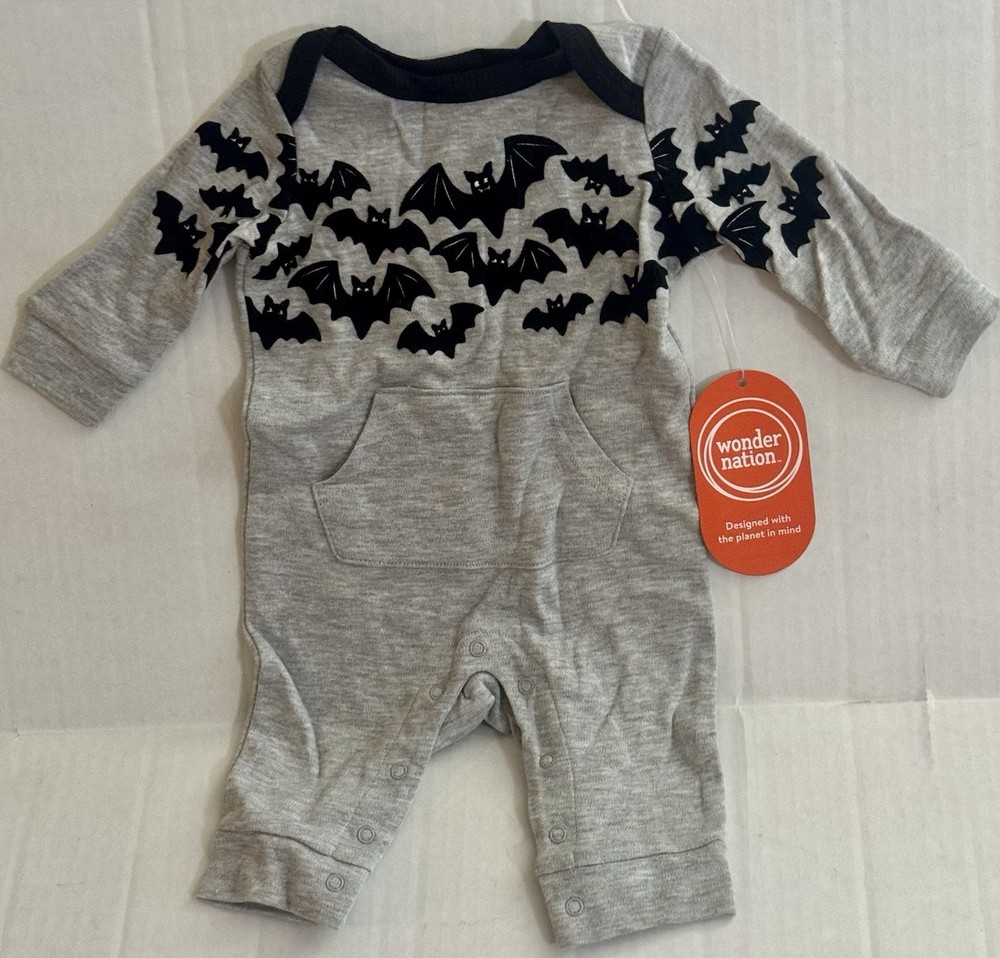 Wonder Nation Infant Flock Bat Print Long Sleeve Halloween Theme Romper 0-3 Mths