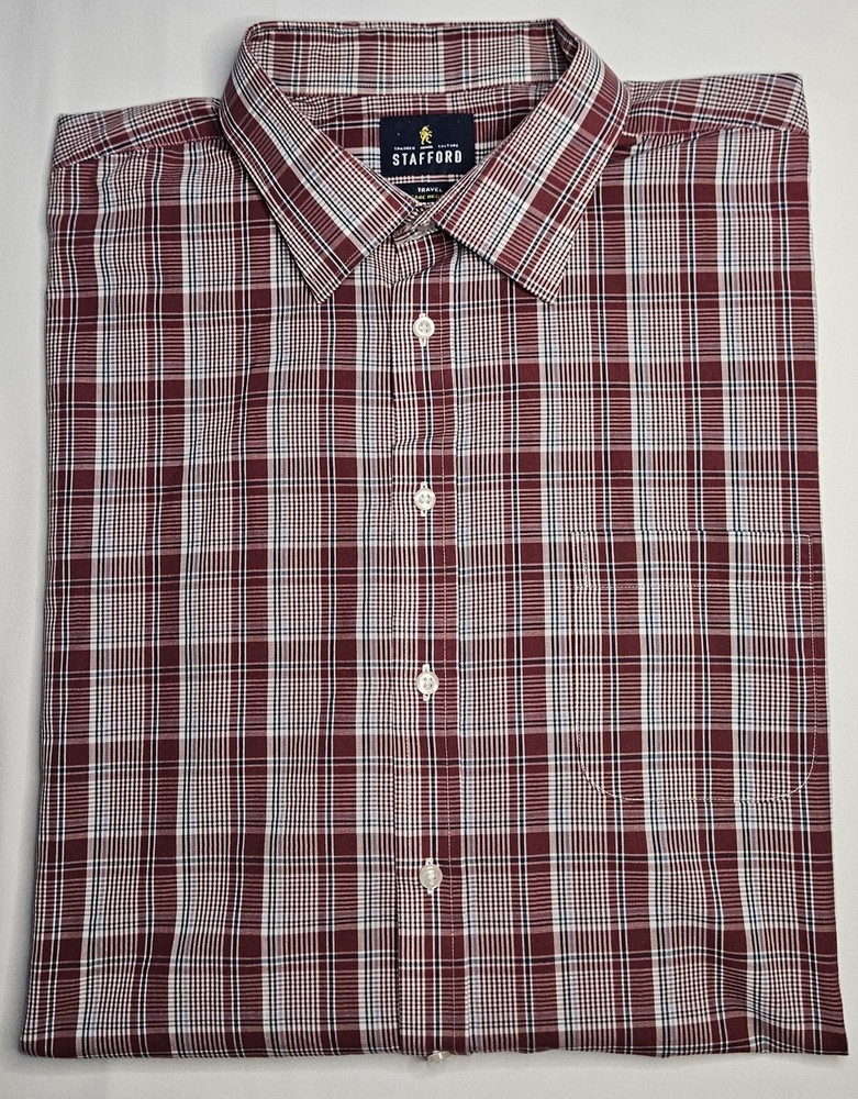 Mens Stafford Easy Care Broadcloth Long Sleeve Plaid Button Up Shirt 18 34-35