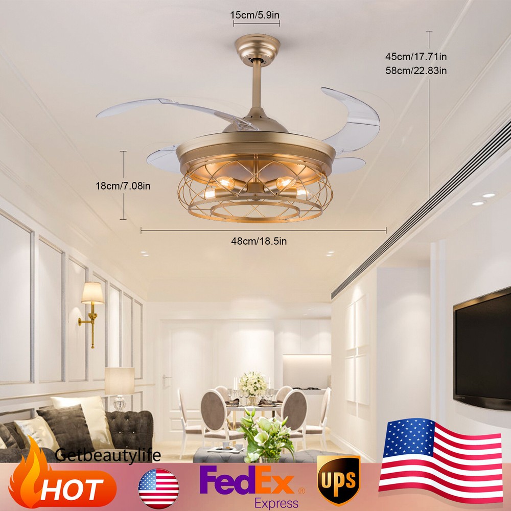 Retractable Caged Ceiling Fan with Light 6 Speeds Remote Control Chandelier
