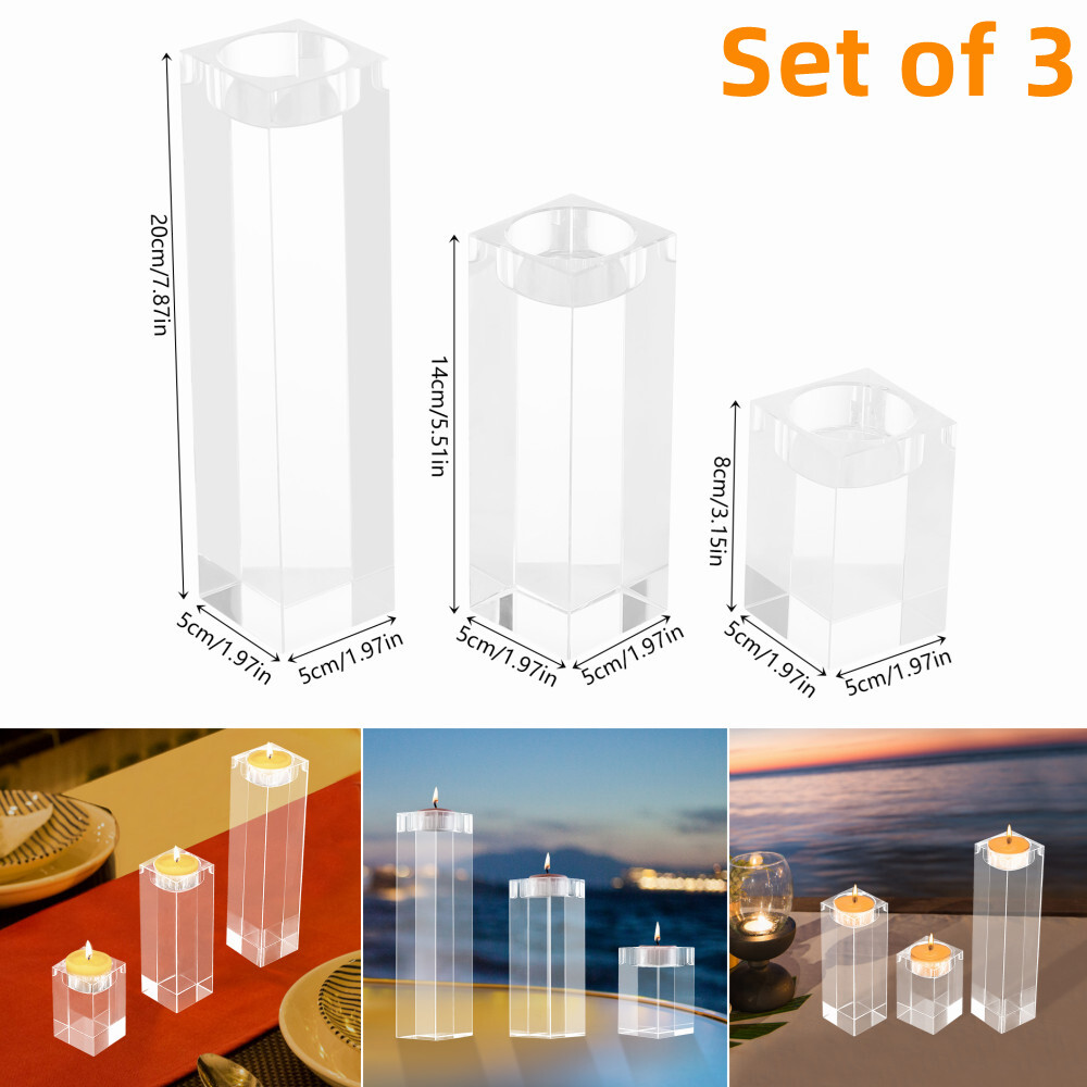 Set of 3 Glass Candle Holder, Crystal Clear Pillar Candle Stand 1.97