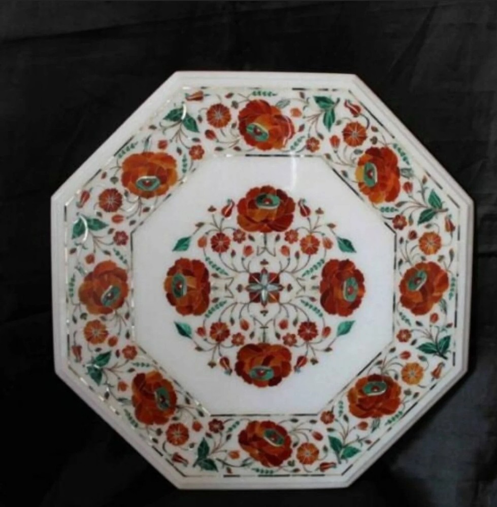 White Marble Corner Inlay Tabletop with Carnelian Floral Semi-Precious Stones