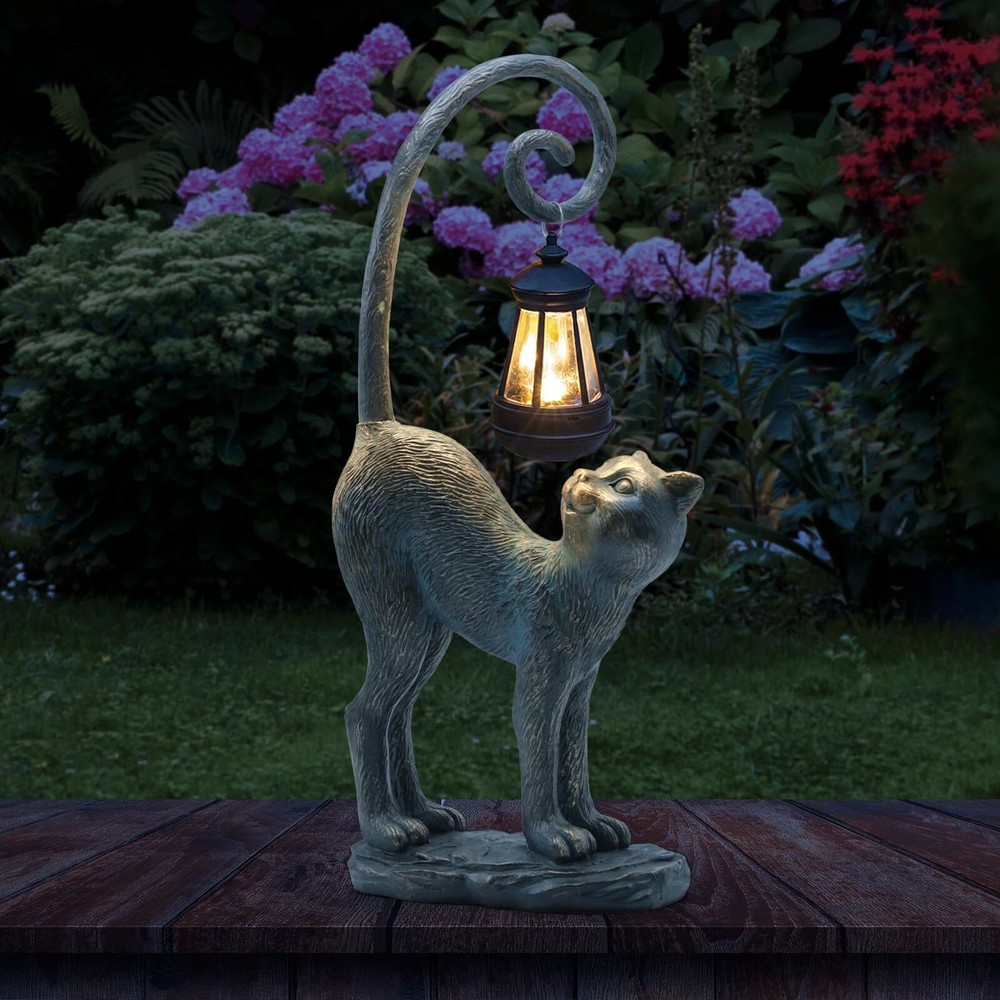 Resin Cat Statue with Solar Lantern, Eye-catching Garden Sculpture Decor，15.3...
