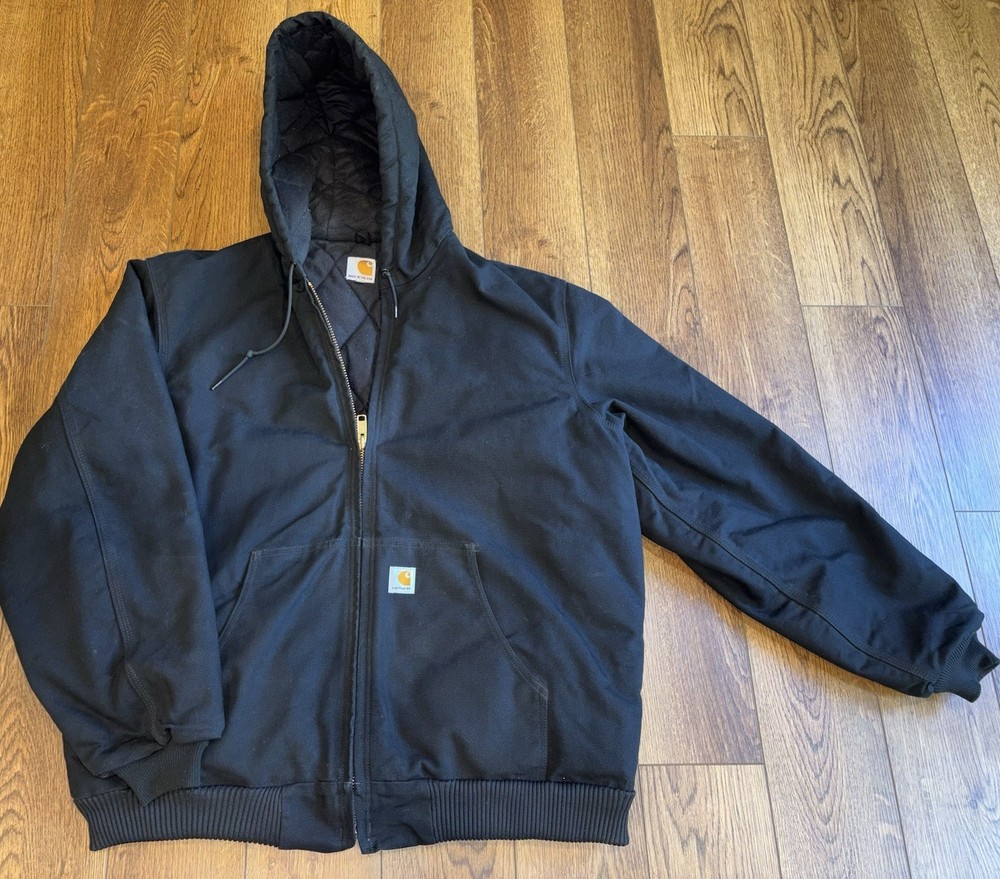 Vintage Carhartt Quilted Hooded Work Jacket XL Black USA J140 Workwear Coat
